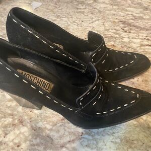 Moschino - Black Suede Loafer-Style Heels w/ White Stitching